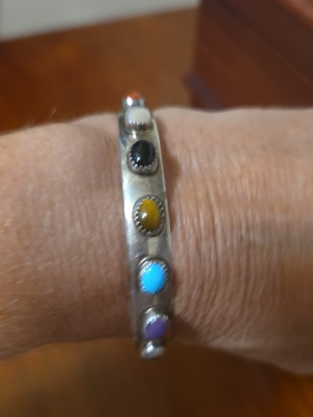 Sterling Silver Multi-Stone Cuff Bracelet in Green, Orange, Purple, White, Gray - Picture 3 of 6